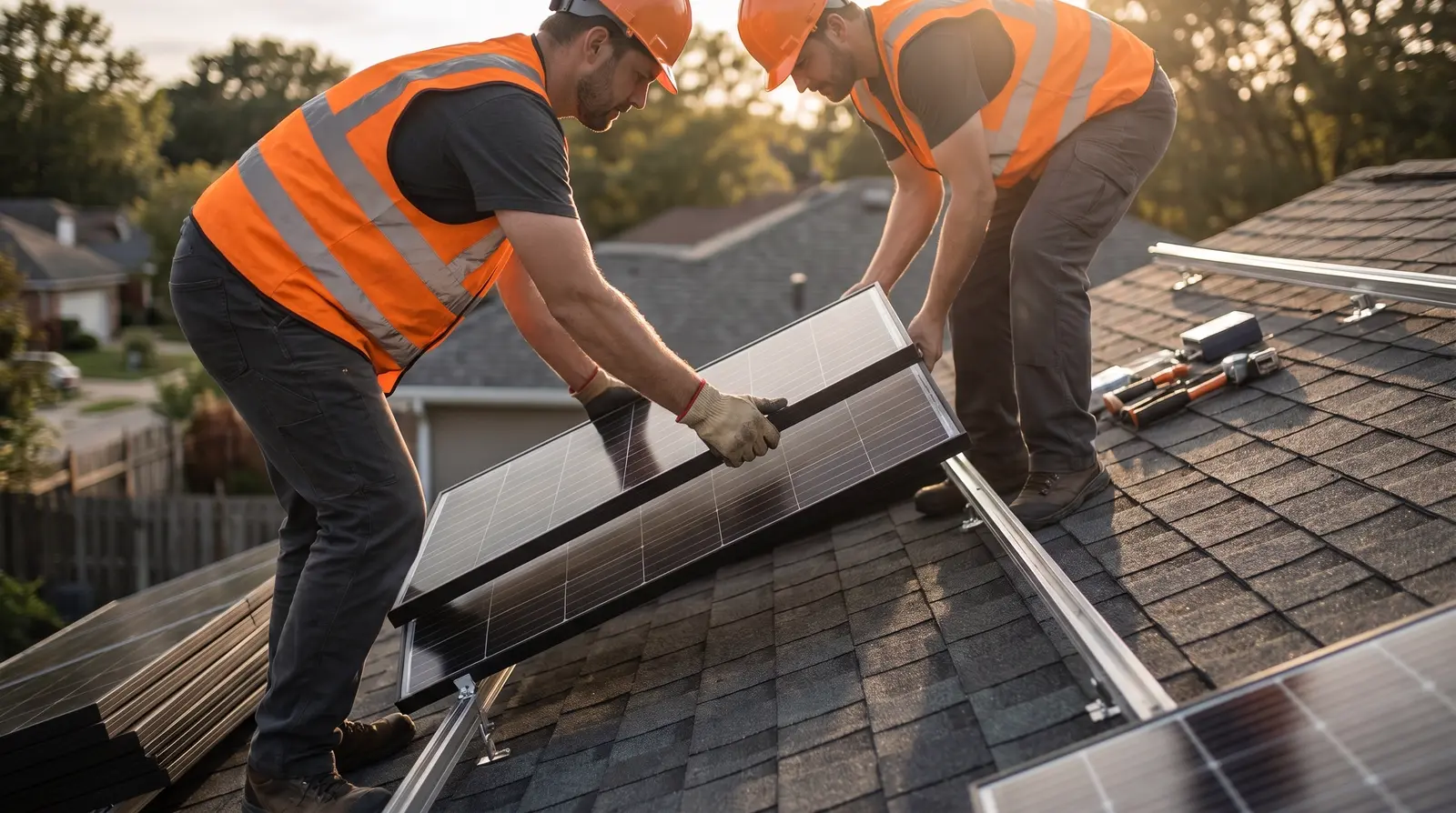 Solar panels staged on protected racks during a roof detach